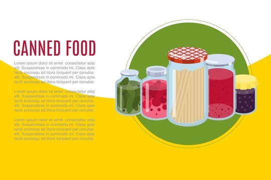 Canned food goods vector illusration banner. Package of various goods canned food glass jars for grocery store and product storage. Canned conserved jams, tomatoes and cucambers.