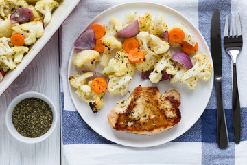 Turkey steak and vegetables cauliflower onion carrots baked in the oven on a white plate, herbs and spices. Concept spring diet menu. Top view, flat lay