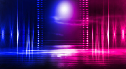 Wet asphalt, reflection of neon lights, a searchlight, smoke. Abstract light in a dark empty street with smoke, smog. Dark background scene of empty street, night view, night city.