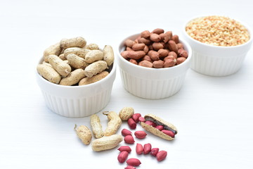Dried peanuts (Arachis hypogaea) peanuts in shells, whole and chopped in containers