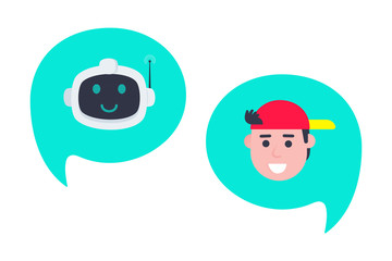 Robot chatbot head icon sign in the speech bubble talking with boy flat style design vector illustration isolated on white background. Cute AI bot helper mascot character concept business assistant.