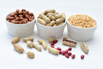 Dried peanuts (Arachis hypogaea) peanuts in shells, whole and chopped in containers