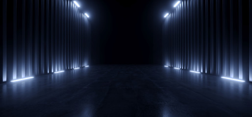 Fototapeta Dark Studio Warehouse Laser Led Glowing Studio Lights Stage Concert Showroom Podium Virtual Night Blue Cyber Alien Spaceship 3D Rendering obraz