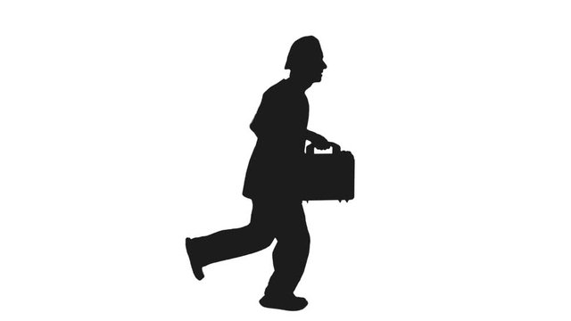Black and white silhouette of male doctor with medical case running quickly to save people lives, Side view, Full HD footage with alpha transparency channel isolated on white background