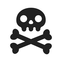 Simple flat style design skull with crossed bones icon sign vector illustration isolated on white background. Human part head, Jolly Roger pirat flag symbol or halloween element of scary decoration