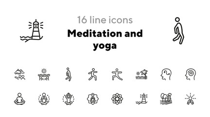 Meditation and yoga line icon set. Health, wellness, leisure. Buddhism concept. Can be used for topics like spirituality, peace, relaxation