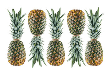5 ripe pineapples lined up in a row isolated on white background. Creative pattern flatlay. Healthy vegetarian fat burning food