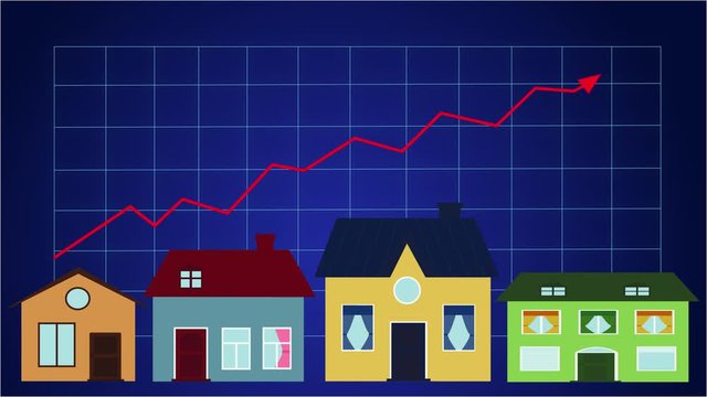 2D animation, red arrow moving up on graphic at blue background as bigger and bigger houses appearing at the bottom. Raise of population and income, globalization, overpopulation, consumerism.
