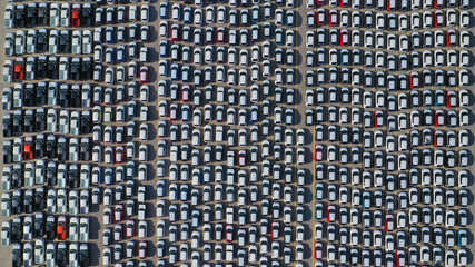 Aerial drone top down photo of Keratsini car import terminal near port of Piraeus, Attica, Greece