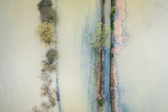 Rural Road in Flood- Drone View