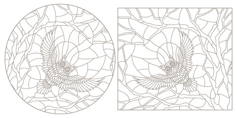 Set contour illustrations of stained glass with  flying owls, dark contours on a light background