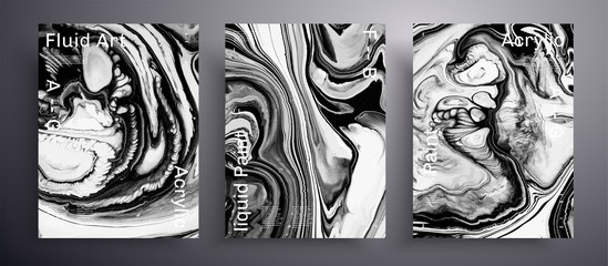 Abstract liquid placard, fluid art vector texture pack. Beautiful background that can be used for design cover, invitation, presentation and etc. White, black and grey creative surface template
