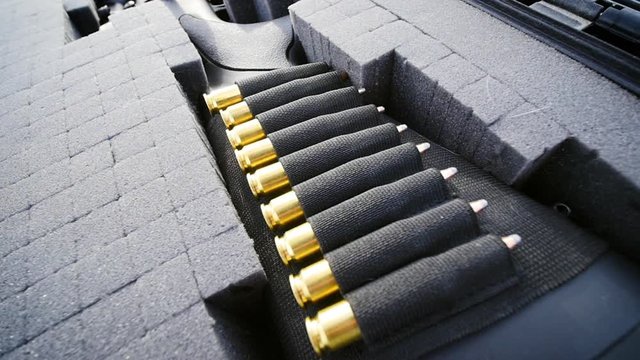 Row of ammunition on a rifle stock. High powered assault rifle sits in a gun case with brass bullets attached to the side. Lifestyle shot depicts red flag laws, second amendment rights and gun control