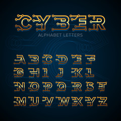 Golden Cyber Techno type font alphabet. Digital hi-tech style letters, numbers and symbols. Gold Technology letters. Stock vector for your headlines, posters etc. Isolated vector illustration.