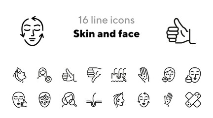 Skin and face line icon set. Woman, rash, hair follicle, cream, acne. Skin care concept. Can be used for topics like cosmetics, beauty salon, dermatology - obrazy, fototapety, plakaty