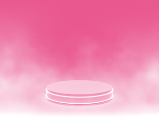 3d pink neon light cylinder podium minimal studio smoke background. Abstract 3d geometric shape object illustration render. Display for valentine day and technology product.