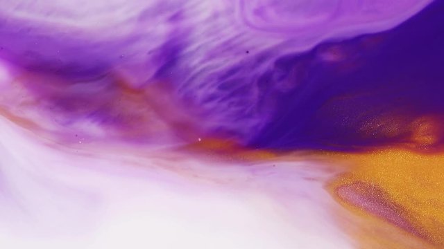 Modern fluid artwork. Abstract textures with colourful waves. Colourful background art. Psychedelic background with acrylic mix motion, close up view. Purple, gold and white creative paint motion