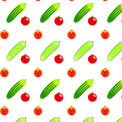 Tomato and cucumber pattern. Whole and sliced red tomatoes and pickles