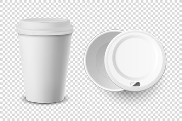 Vector 3d Realistic Disposable Opened and Closed with Lid Paper, Plastic Coffee Cup for Drinks Icon Set Closeup Isolated on Transparent Background. Design Template, Mockup. Top and Front View