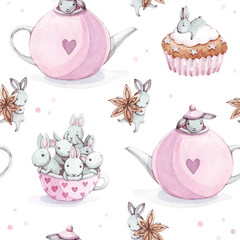 Cute watercolor seamless pattern. Wallpaper with party cupcakes and beautiful fantasy bunneis cartoon animals, cups, anise star, teapot on white background. Hand drawn vintage texture.