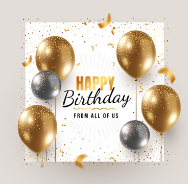 Vector happy birthday illustration with 3d realistic golden and silver air balloon on white background with text and glitter confetti.