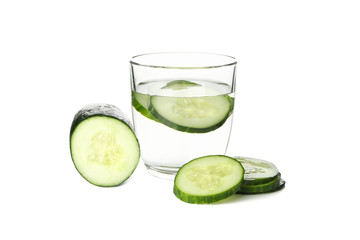 Glass with cucumber water and cucumber isolated on white background