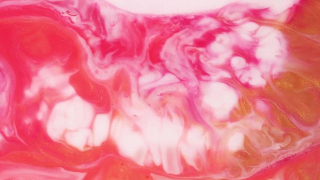 Modern art acrylic textures. Fluid art background. Abstract painting artwork. Mixed paint flow with acrylic mix motion, close up view. Pink, gold and white multicolour flow mixing