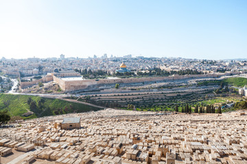 Fototapeta premium View from the Mount of Olives to Dome of the Rock and the old city of Jerusalem, Israel