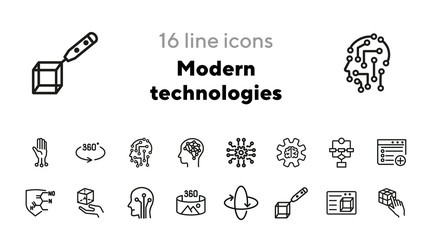 Modern technologies line icon set. Brain, gear, circuit board. Technology concept. Can be used for topics like science, robotics, artificial intelligence