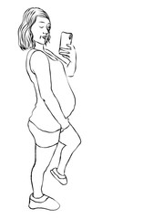 Blogging A pregnant woman takes pictures of herself on a smartphone. Outline drawing. Coloring