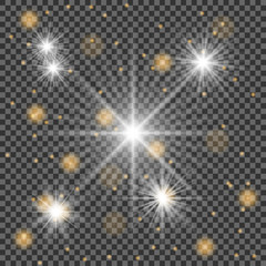 Shining set sun, bright flash or light explodes on a transparent background. Vector