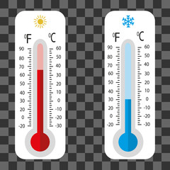 	 Celsius and fahrenheit meteorology thermometers measuring heat and cold, vector illustration. Thermometer equipment showing hot or cold weather.	