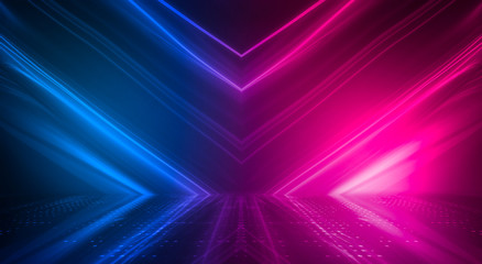 Dark abstract futuristic background. Neon lines glow. Neon lines, shapes. Pink-blue glow. Empty Stage Background