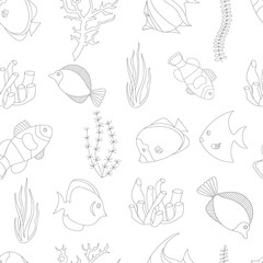 tropical fish and algae seamless pattern on white background, vector