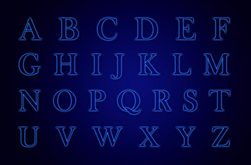 Glowing neon alphabet with letters from A to Z . Trend color 2020 year - blue.