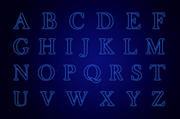 Glowing neon alphabet with letters from A to Z . Trend color 2020 year - blue.