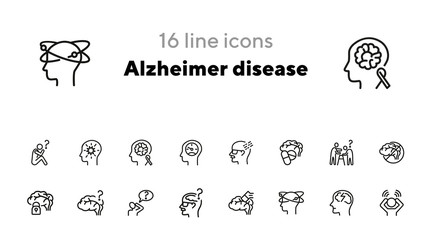 Alzheimer disease line icon set. Brain, bad memory, pills. Health concept. Can be used for topics like mental disorder, senility, symptoms - obrazy, fototapety, plakaty