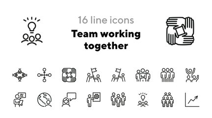 Team working together line icon set. Stack of hands, group of people, celebrating success. Teamwork concept. Can be used for topics like unity, cooperation, successful team