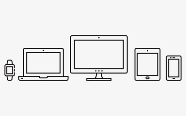 Set of digital devices icons. Vector illustration of responsive web design. Mobile phone, tablet, laptop, desktop computer.