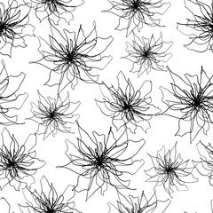 abstract floral seamless pattern with black thin lines sophisticated flowers silhouettes on white background, editable vector illustration for print, decoration, fabric, textile, wallpaper