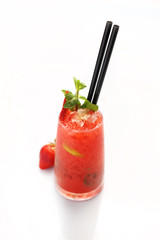 Strawberry red drink with vodka. Colorful, appetizing drink served in glass. Culinary Photography.