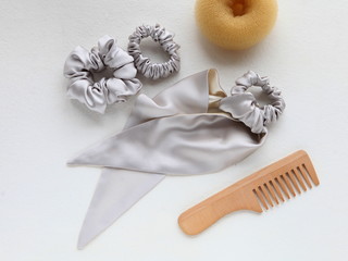wooden Hairbrush, barrette and silk Scrunchy isolated on white. Flat lay Hairdressing tools and accessoriesas Color Hair Scrunchies, Elastic Hair Bands, Bobble Sports Scrunchie Hairband