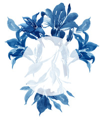 Watercolor Floral Arrangement Blue Lily Circle Frame, Elegant Cobalt Monochrome Flower Design, Leaves, Blooming Plants Circle Design wedding Invitation