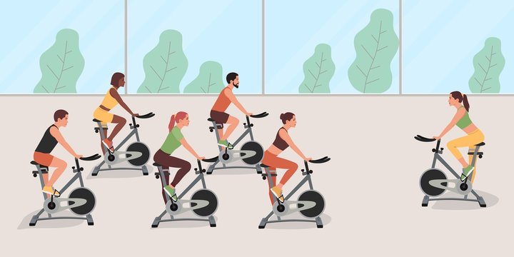 Group session with a trainer on a stationary bike. Flat style. Vector illustration 