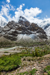 Fototapeta na wymiar Lahaul valley in Himalayas with snowcappeped mountains. Himachal Pradesh, India