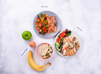 Breakfast, lunch and dinner. Day menu