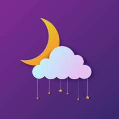 Night sky in paper cut style. Cut out 3d background with violet and blue gradient cloud and stars on rope and crescent papercut art. Cute origami cloudscape. Vector good night sweet dreams card.
