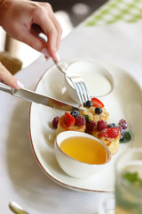 Gourmet meat meals assortment flat lay. Top view on restaurant table with menu of tasty grilled snacks. Concept for restaurant menu.