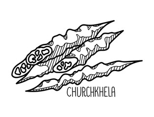 Hand drawn vector illustration of Churchkhela. Doodle isolated on white background with hand written title of the dish.