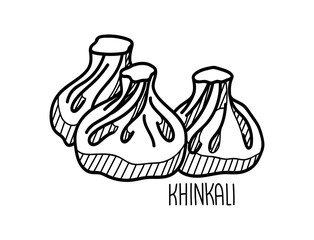 Hand drawn vector illustration of Khinkali. Doodle isolated on white background with hand written title of the dish.
